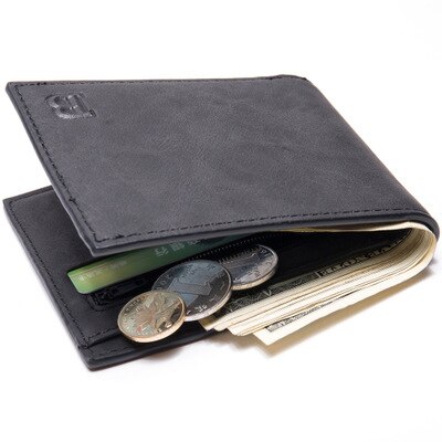 Men's Wallet Short Frosted Leather Wallet Retro Three Fold Vertical Wallet Youth Korean Multi-card Wallet Men: Black