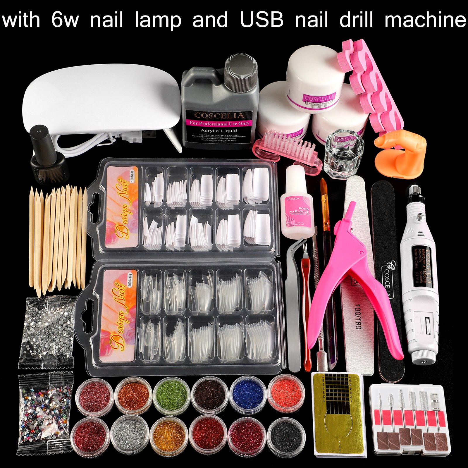 Coscelia akryl søm kit med lampe alt til manicure gel nail kit nail art dekorationer negleboremaskine af fræsere: Indstil d
