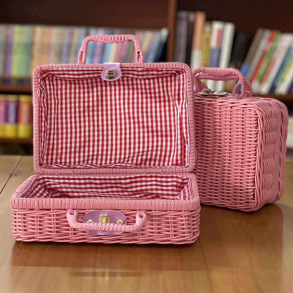 Bamboo Frame with Handle for Cosmetic,Clothes,Sundries Photograph Props Storage Basket Storage Box Rattan Suitcase: L / Blue