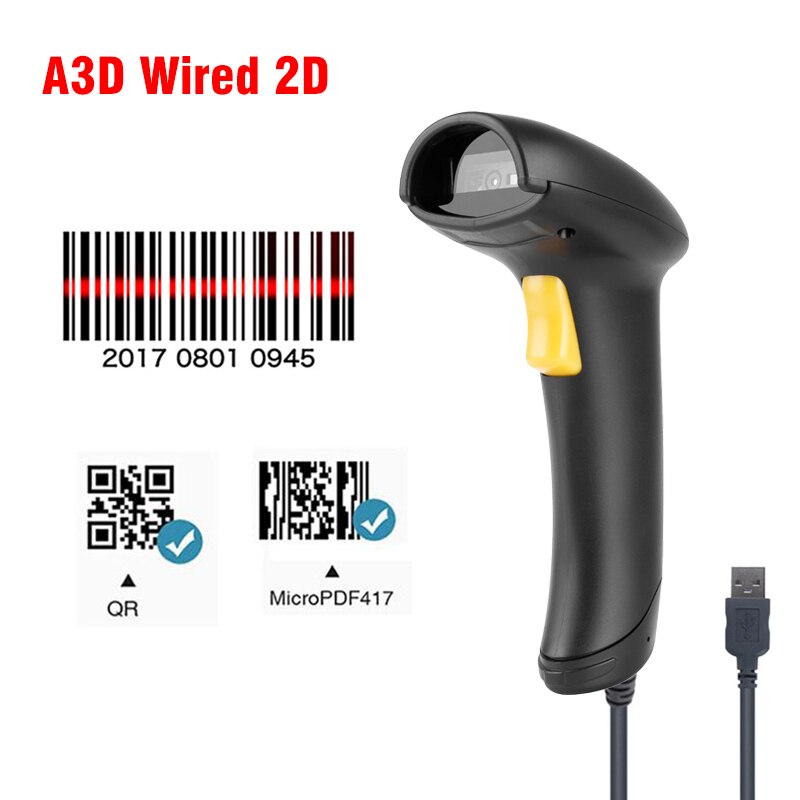 Leitor de código de barras sem fio, leitor de código de barras compatível com bluetooth 2.4g, 1d 2d pdf417 com base carregadora automática: A3D Wired 2D