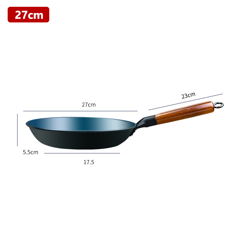 Flat stekepanne kinesisk tradisjonell jernpanne med trehåndtak ikke-belagt wok non-stick kokepanne for gass og induksjon: Hvit