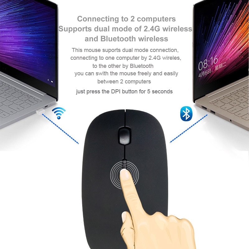 Cliry 2.4Ghz Wireless + Bluetooth Dual Mode 2 In 1 Cordless Mouse 1600 DPI Ultra-thin Ergonomic Portable Optical Mice computer