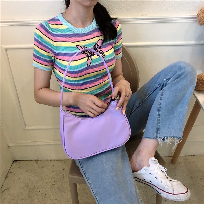 Purple Women Hobos Underarm Bag Retro Simple Ladies Purse Handbags Female Nylon Shoulder Bags Small Tote Clutch Bolsas: Purple