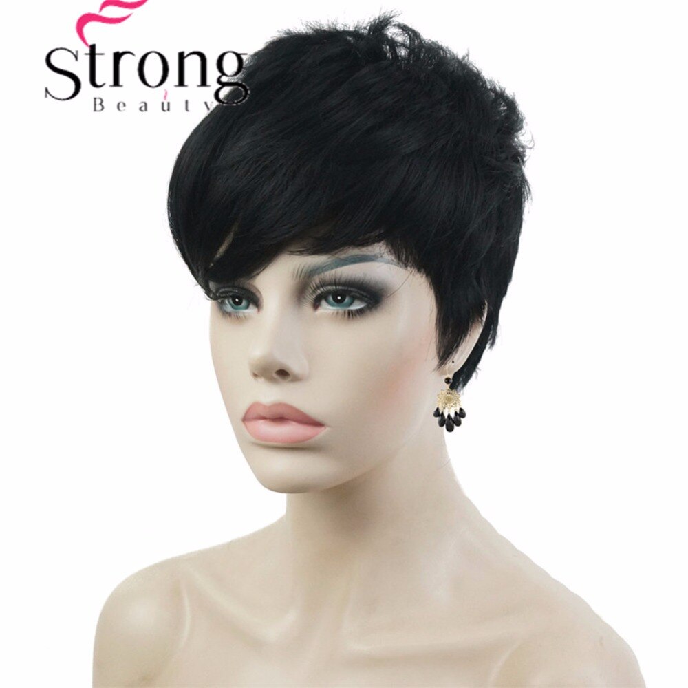 Peluca corta StrongBeauty, pelucas totalmente sintéticas asimétricas de explosión lateral, opciones de color negro y rojo