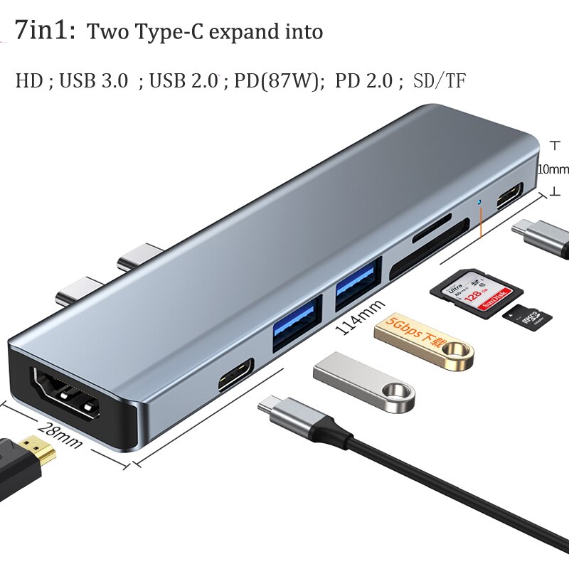 Direct Plug-in Type C Docking Station Macbook Adapter Pro Apple Laptop Usb Thunderbolt PD 4k HDMI-Compat Samsung Huawei Matebook: 7in1 two Type C port