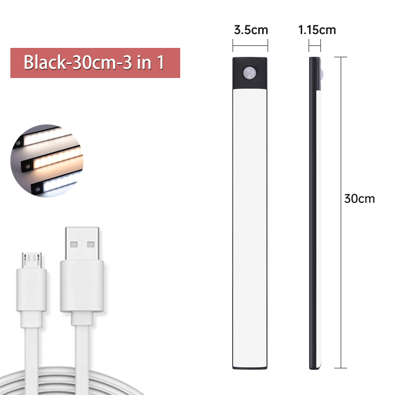 Lumière d'armoire Led avec capteur de mouvement, Rechargeable par USB, trois couleurs dans une lampe pour cuisine, garde-robe, éclairage intérieur 10/20/30/40/60cm: Gris foncé