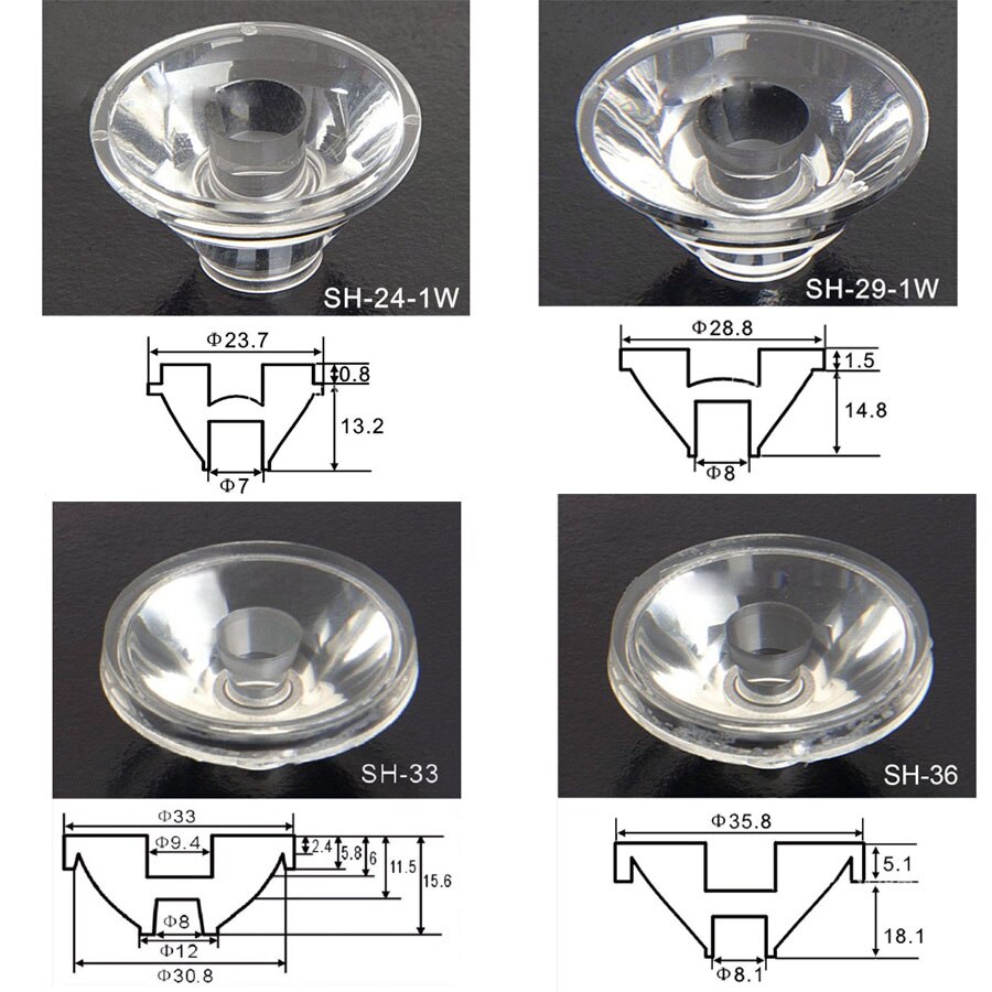 Lente cóncava de 18mm, 20mm, 21mm, 23mm, 24mm, 29mm, 33mm, 36mm, PMMA, COB, LED, condensador de linterna, lente cóncava convexa plana