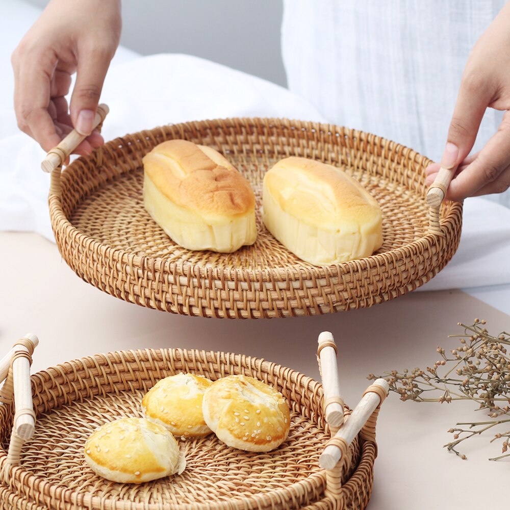 Ronde Rotan Lade Brood Mand Fruit Taart Plaat Dienblad Houten Storag Servies Rieten Trays Met Handvat Decoratie
