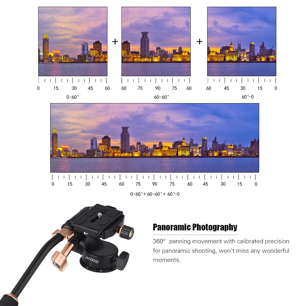 Andoer Q08S testa a treppiede con smorzamento a 3 gareggiare in lega di alluminio con impugnatura a barra panoramica per fotocamera DSLR ILDC per treppiede monopiede