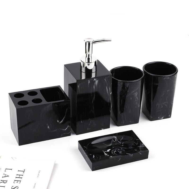 Juego de accesorios de baño de aspecto de mármol, 5 piezas, para encimera, baño, decoración de apartamento, kit de resina de imitación: Marble black
