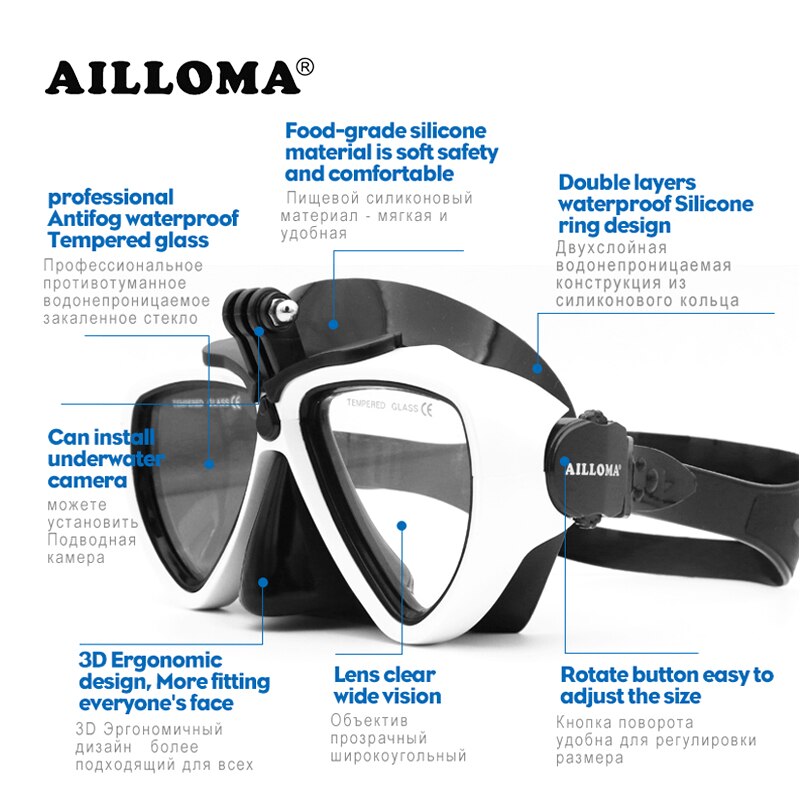 Ailloma camera masker snorkelset buis duikbril brillen siliconen waterdichte onderwater duikuitrusting voor volwassenen duikbrillen sets