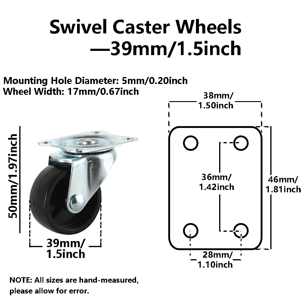 1/1.25/1.5/2inch Furniture Swivel Caster Wheel Quiet Roller Wheel 360° Rotation 60kg Strong Load-bearing Rubber Swivel Castor