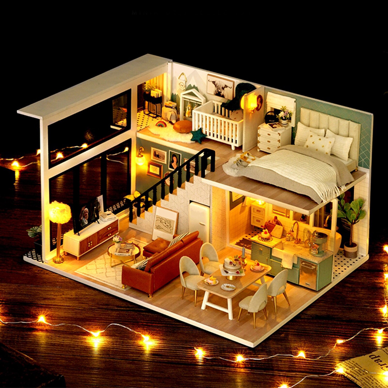 Diy Miniatuur Poppenhuis Kit Appartement Diy Poppenhuis Kit Met Houten Meubels Licht Huis Speelgoed Voor Volwassenen: Without Dust Proof