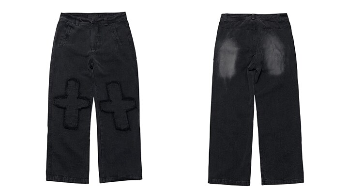 UNCLEDONJM Jeans Patch pocked cargo pants men jeans Hipster Casual Loose Punk Rock Trousers Pants ED937: L