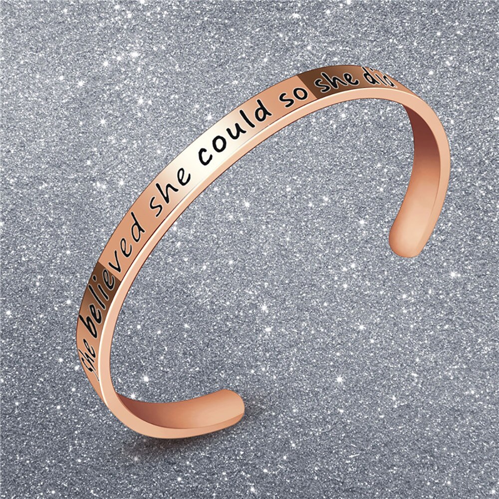 FINE4U B433 Inspirational Bracelet Cuff Bangle for Best Friend Sister Mantra Quote Stainless Steel Engraved Motivational Jewelry