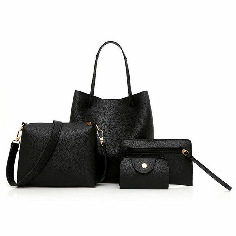 4PCS Women Ladies Handbag Sets Leather Shoulder Bag Totes Messenger Bag Purse Ladies Bag Girls Purse Bag Crossbody Bags: Black