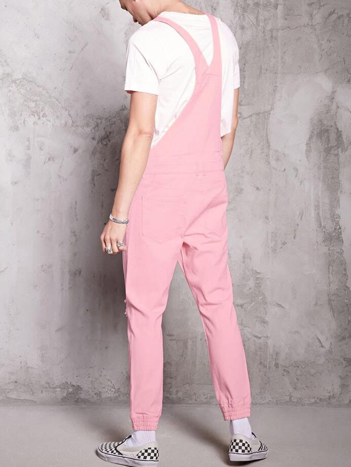 Män hålficka jeans overall jumpsuit streetwear hängselbyxor rosa söta pojke joggingbyxor plus size man pantalon homme  w987