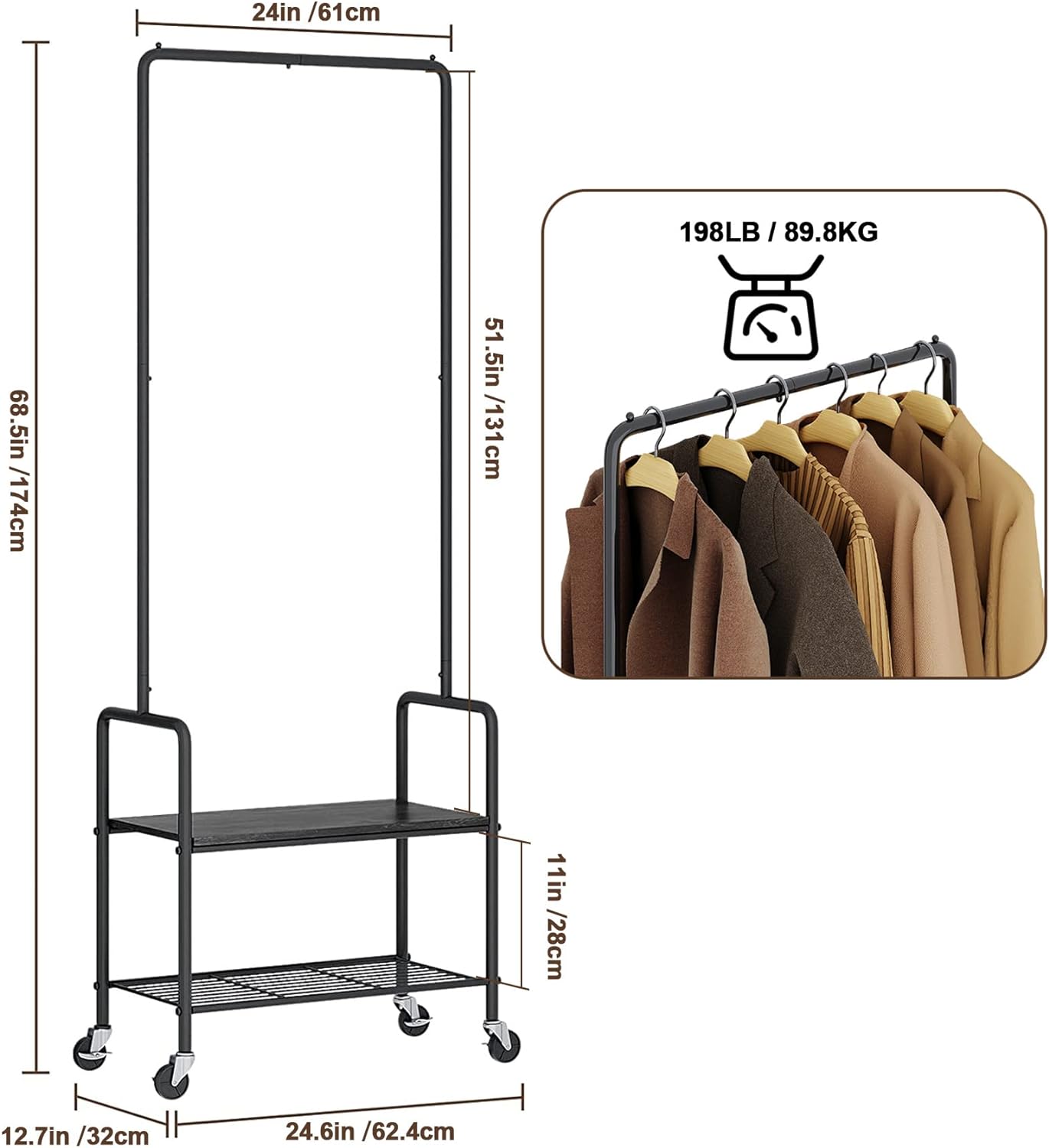 Perchero rodante para ropa, perchero que ahorra espacio con ruedas, organizador colgante portátil con 2 estantes, ropa de metal resistente