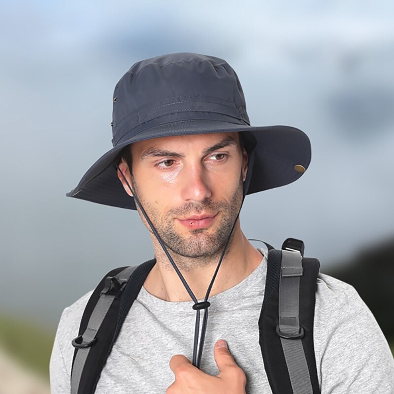 Gorro de pescador de secado rápido, ajustable, resistente al agua, con cuerda para Barbilla, sombrero de cubo de escalada: QJ2434ZQ