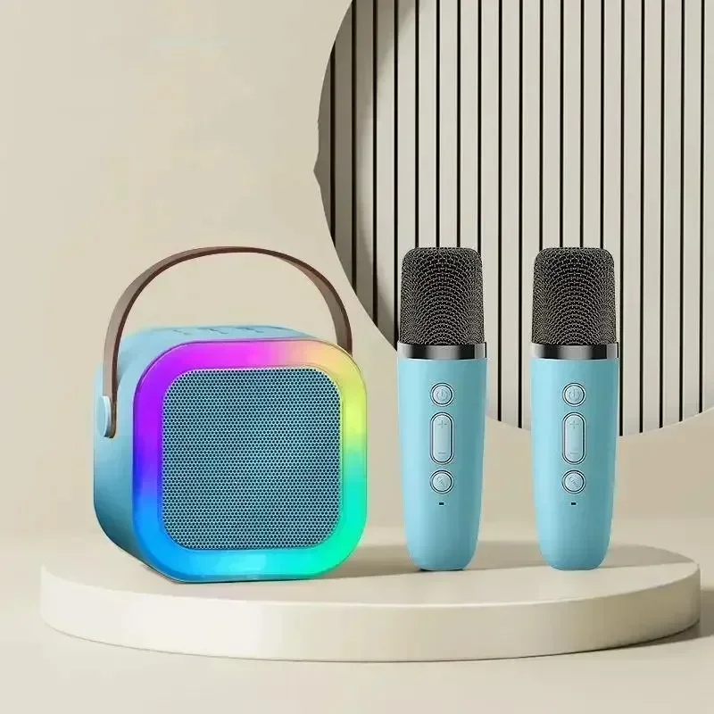 K12 Wireless Bluetooth Speaker Multifunction with 2 Microphone RGB Portable Music Player Karaoke Machine for Child Home: Beige