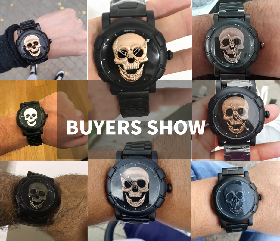 Black Gold Dial Quartz Watch Men 3D Skull Head Pattern Stainless Steel Steampunk Rock Engraved Cool Mexico Man Male reloj hombre