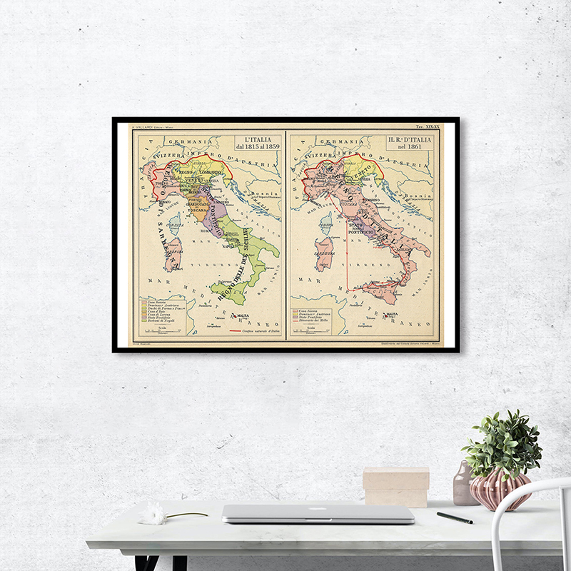 84*59cm The Italy Map Canvas Painting Retro Wall Art Poster for Office Home Decoration School Supplies