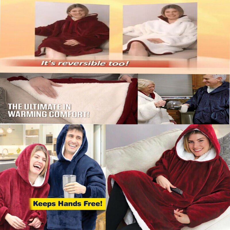 Winter Warm Fleece Wearable Blanket With Long Sleeves And Pocket Micro Plush Warm Snuggie Casual Thick Hooded Adult Clothes