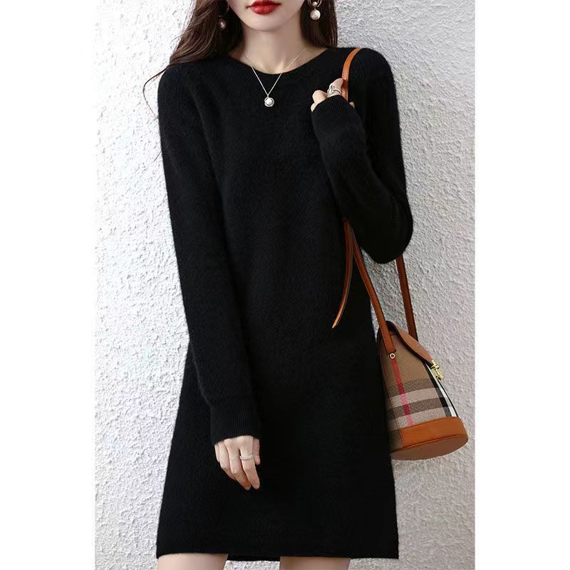 Herfst Winter Dames O-Hals Effen Kleur Breien Jurk Dames Losse Casual Toevoegen Fluwelen Bodemgewaad Femme Vestidos De Fiesta: XL / Sky Blue