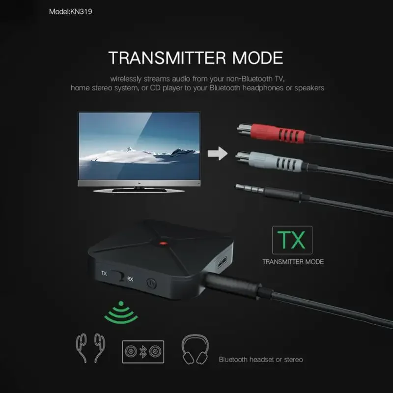 KN319 receptor transmisor Bluetooth 2 en 1 convertidor receptor de Audio estéreo adaptador inalámbrico con RCA 3,5 MM AUX para coche TV PC