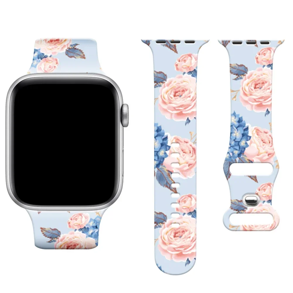Armband för apple watch ultra band 46mm 49mm 45mm 44mm 42mm 41mm 40mm blommigt sportarmband i silikon, iwatch 10 9 8 7 6 5 4: Blå / 14mm