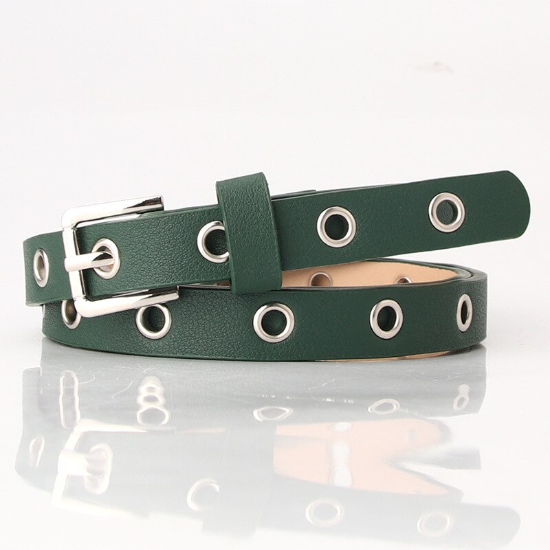 Vintage Punk Black Red Belts For Women Holes Hollow Leather Waist Belt Female Grommet Eyelet Thin Narrow Waistbelts Ladies: green