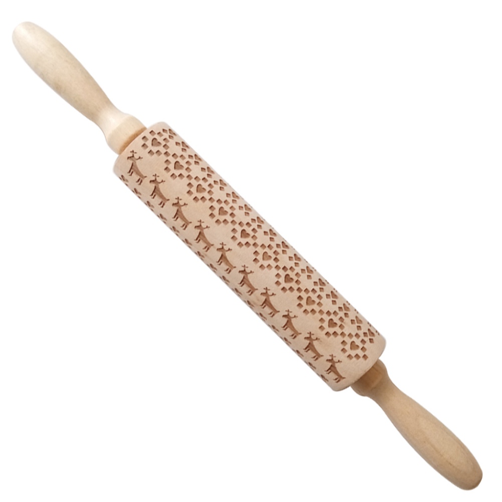 Wood Embossing Pizza Roll Pin Fondant Dough Deer Pattern Engraved Roller Stick Baking Pastry Tool Baking Christmas Accessories: G