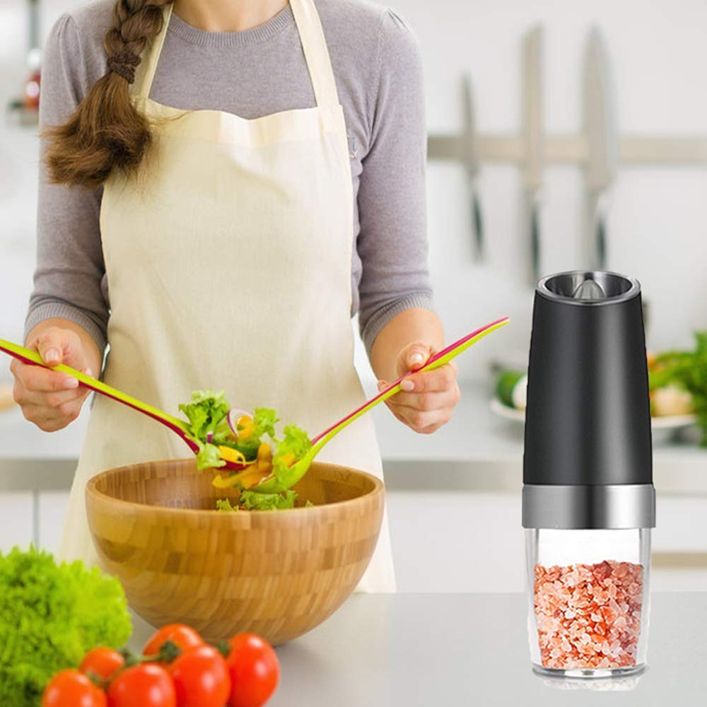 Premium Gravity Electric Salt and Pepper Grinder Set of 2 Battery Powered Salt Shakers, Automatic One Hand Pepper Mills with L