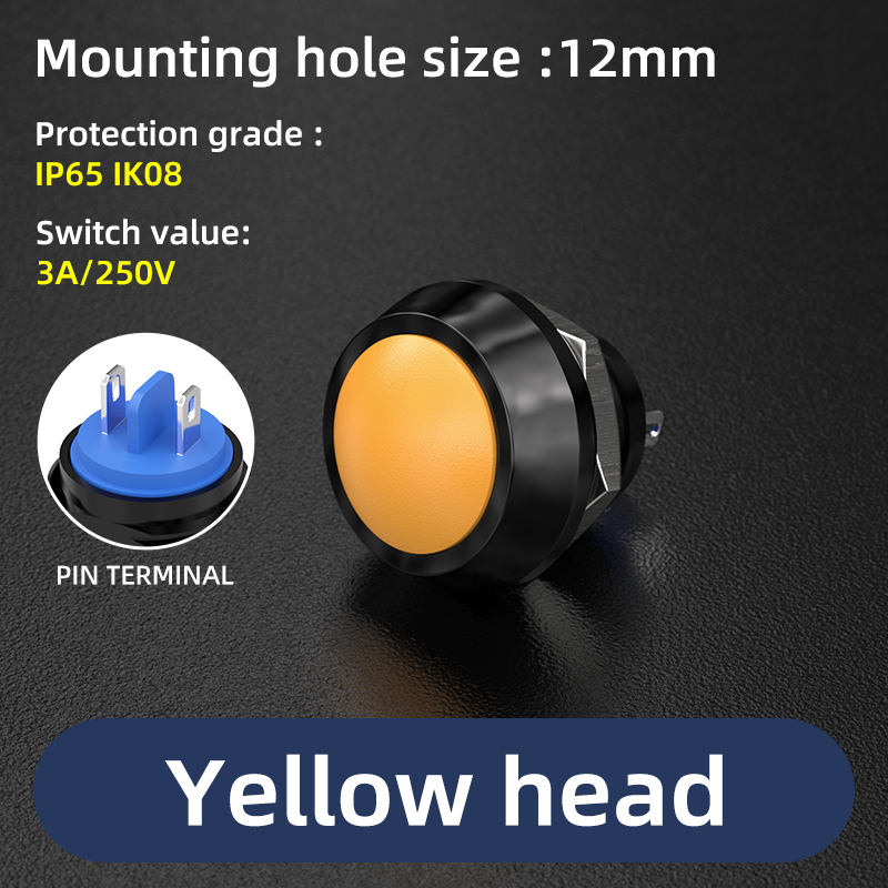 12 mm 1/2 Zoll Montageloch, IP65, bunt, gewölbter Mini-Schraubklemmen/Stiftklemme, wasserdichter Momentan-Drucktastenschalter: Gelb