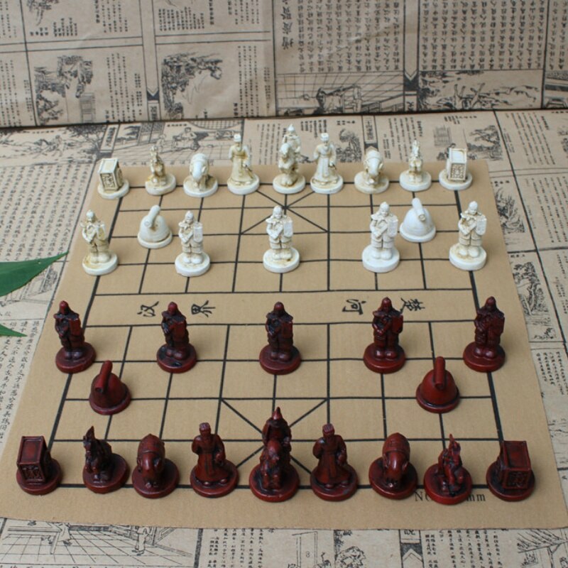 Folding 3D Chinese Chess Board Game Vintage Terracotta Warrior Character Modeling Pieces With PU Board