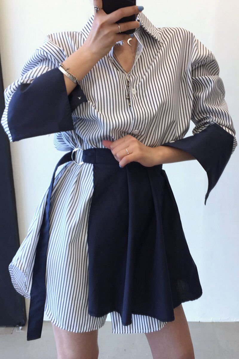 Superaen koreaanse stijl turn-down kraag enkelrijs losse contrasterende kleur volle blouse gestreepte jurken dames