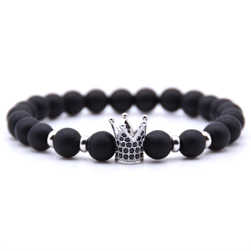 HYHONEY Jewelry Natural Stone beads Bracelet for women Micro Pave Zirconia CZ Crown Charms Bracelet men