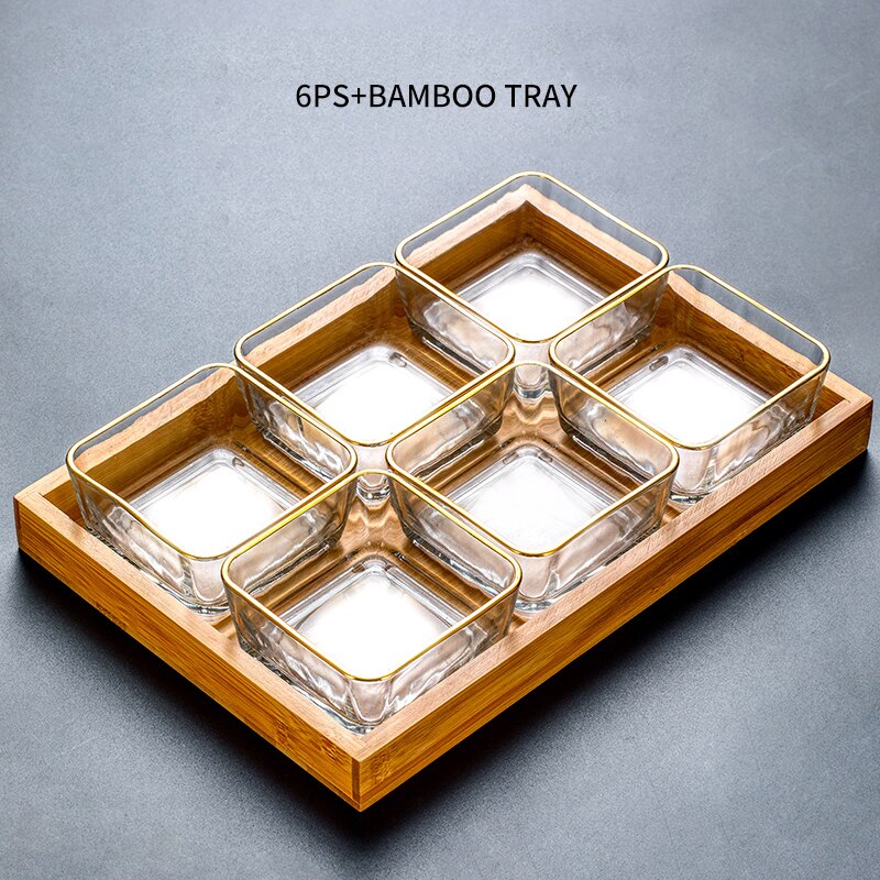 Modern Living Room Snack Bowl glass Double Layers Snack Storage Box Bowl Lazy Fruit Plate Bowl: 6PS-Bamboo tray