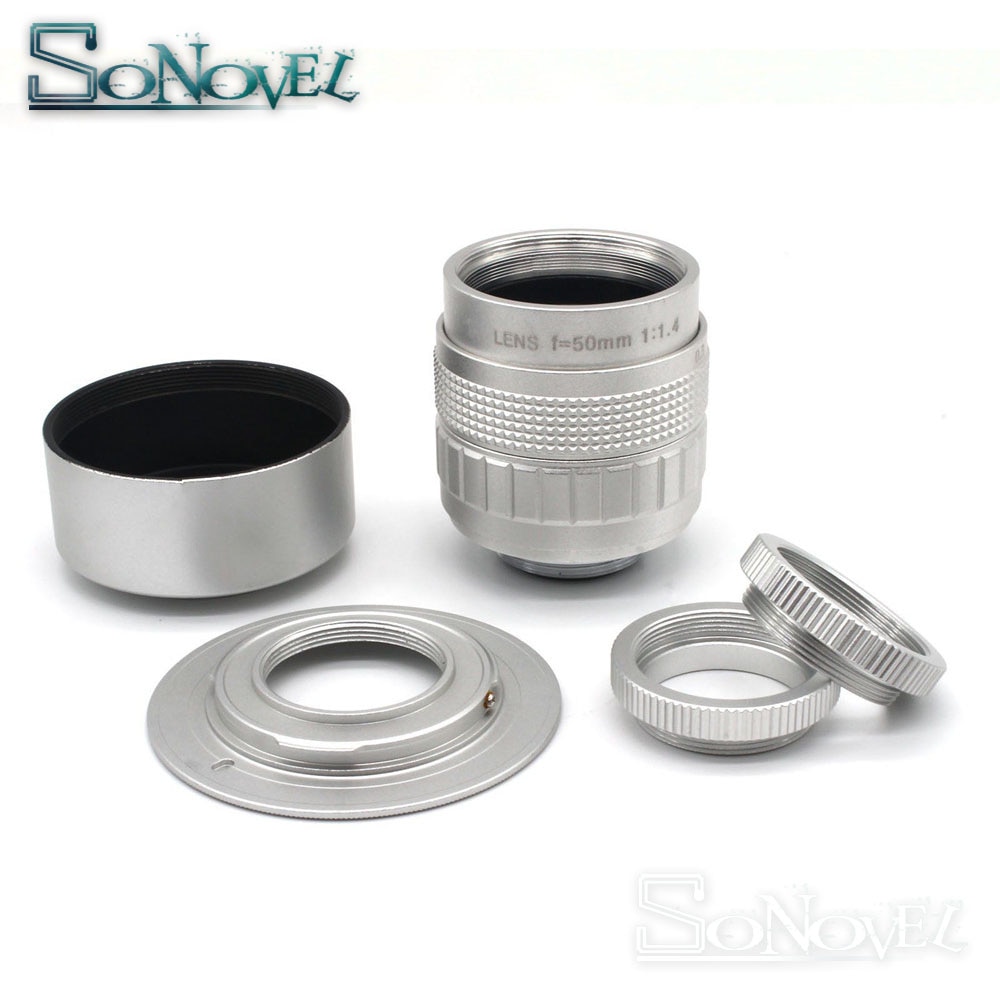 Silver 50mm F1.4 CCTV TV Movie lens+C Mount+Macro ring+Lens hood for SONY E Mount A6500 A6300 A6100 A3500 NEX Series Camera