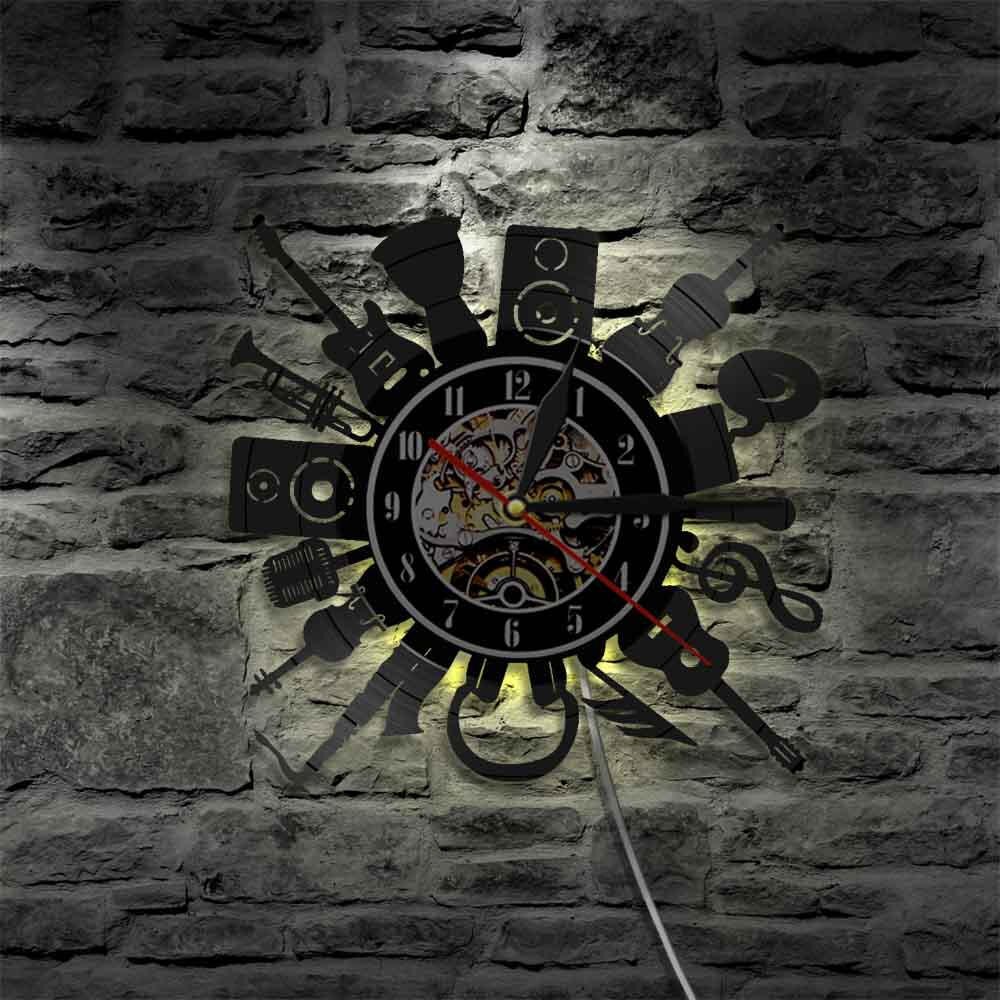 Acoustic Electric Guitar Wall Clock Punk Rock n Roll Heavy Metal Music Vinyl Record Wall Clock with LED Light Music Band