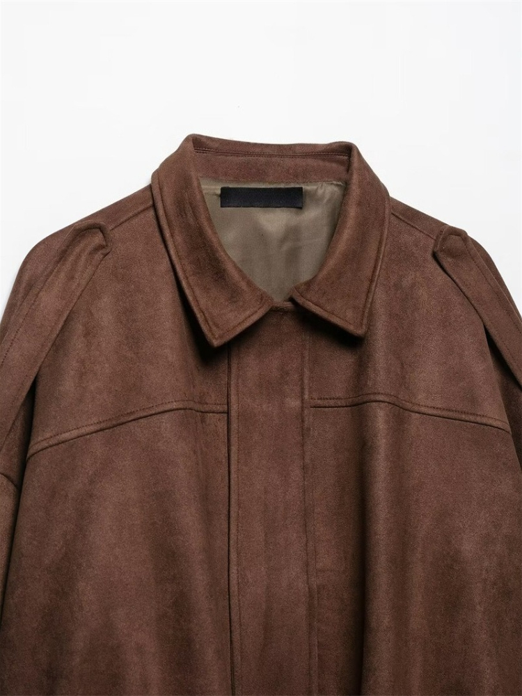 Chaqueta bomber de ante sintético de gran tamaño para mujer de ZBZA, con solapa con textura de ante, mangas largas de murciélago y dobladillo plisado, chaqueta bomber holgada, nueva prenda exterior vintage para mujer