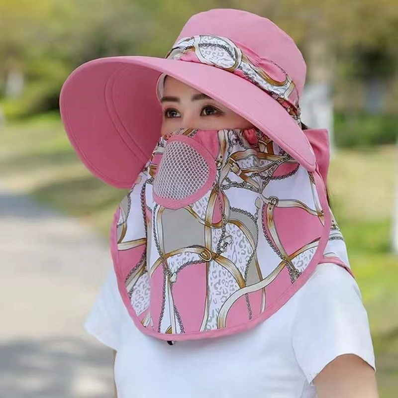 Sommer Frauen breite Krempe Gartenarbeit Schatten Hut Gesichts maske abnehmbare Sonnenhut Outdoor-Druck atmungsaktive Fischer Hut UV-Schutz