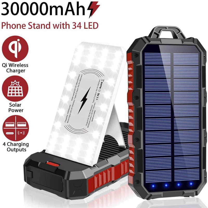 Solar Power Bank 30000Mah Qi Draadloze Opladen Powerbank Voor Iphone 11 Xiaomi Batterij Poverbank Met Camping Licht Telefoon Stand