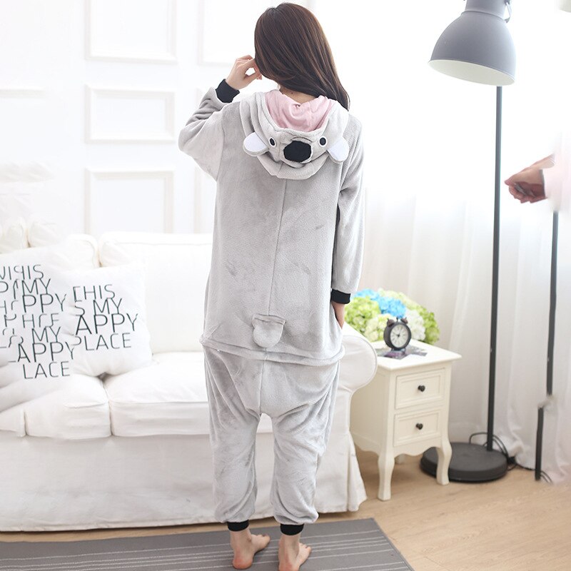 Animal Koala Sleepwear Gray Cute Pajama Adult Women Girl Kigurumis Winter Warm Soft Flannel Onesie Festival Party Outfit Overall