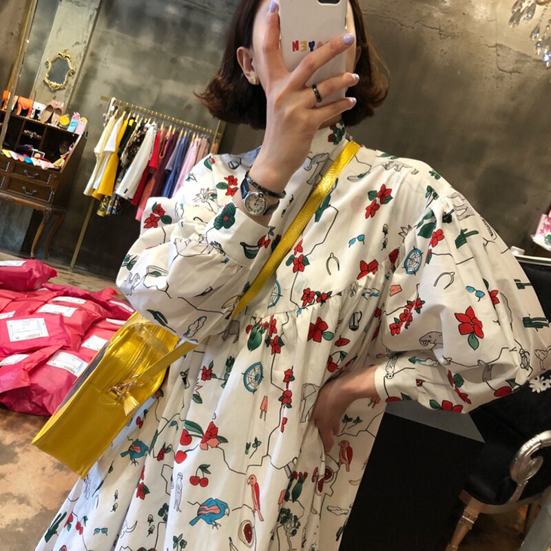 Superaen koreaanse a-lijn cartoon graffiti print staande kraag losse midi-kuit lantaarnmouw poppenjurk voor vrouwen