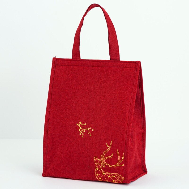 Chinese Red Fuku Deer Tote Waterproof Oxford Cooler Bags Portable Zipper Thermal Lunch Bags For Women Lunch Box Tote Food Bags: Red L