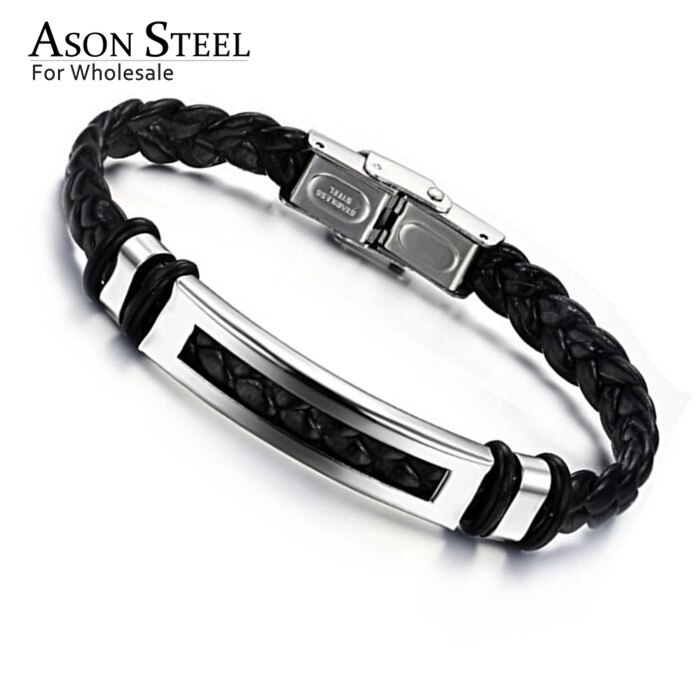 ASONSTEEL Vintage Charm Jewelry Man Silver Color Leather Bracelets Bangles Male Stainless Steel Gold Bracelet for Women Men 20CM