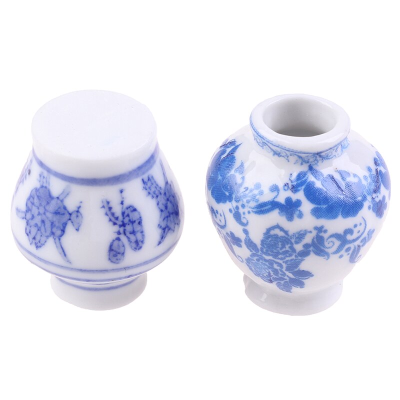 1 Set(2pcs) Mini Blue and white porcelain vase DIY Handmade Doll House Kitchen Ceramic Ornament Decora vase Dollhouse Miniatures