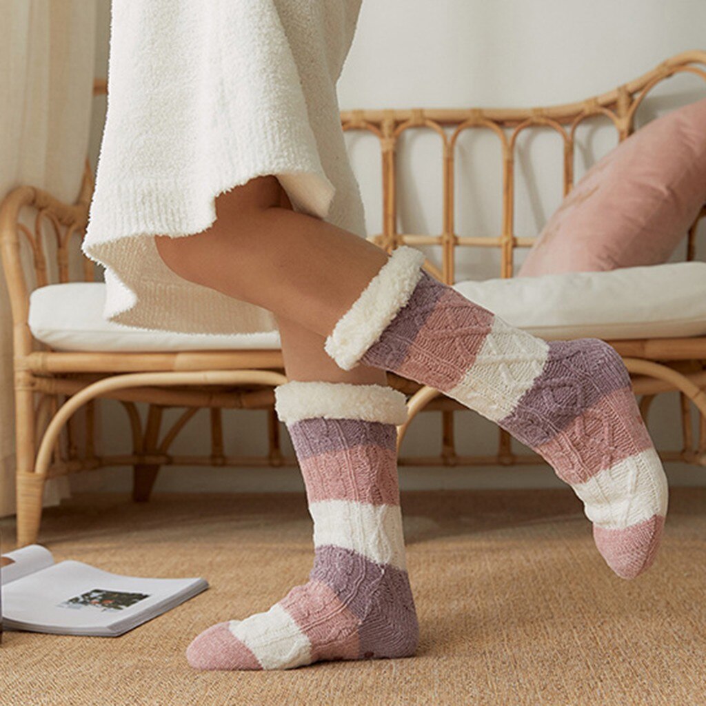 Women Girls Socks Print Stripe Casual Non Slip Warm Winter Mid Tube Cute Socks Warm Cold Knit Wool Floor Socks: C