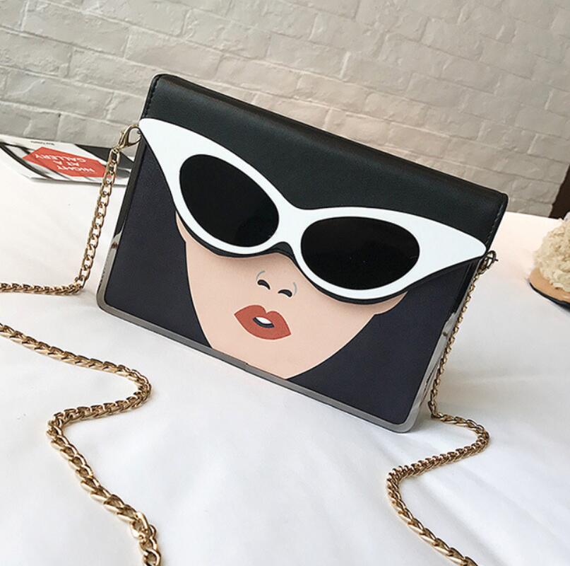 Bolso cuadrado pequeño slung de un solo hombro PU color de contraste de 3D de gafas de belleza tridimensional bolso de hombro con cadena: black